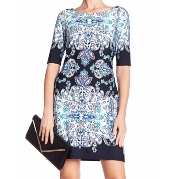 Eliza J Paisley Dress Size 2 Navy White Porcelain Shift Boat Neck 2/4 Sleeve - Picture 1 of 7